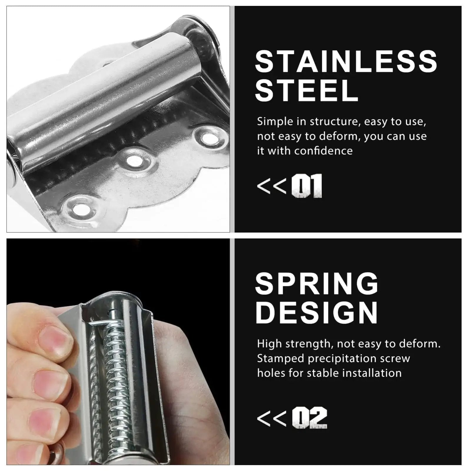 Close-up of Three Piece Self Closing Spring Door Hinge Set For Garage Screen Doors Made From Stainless Steel Heavy Duty Design.