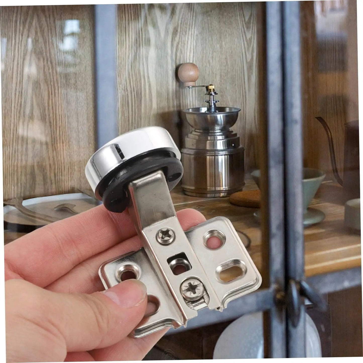 Hand holding Two Pack Soft Close Cabinet Hinges With Hydraulic Damping For Frameless Cabinets Self Closing Mechanism For Kitchen Doors DIY