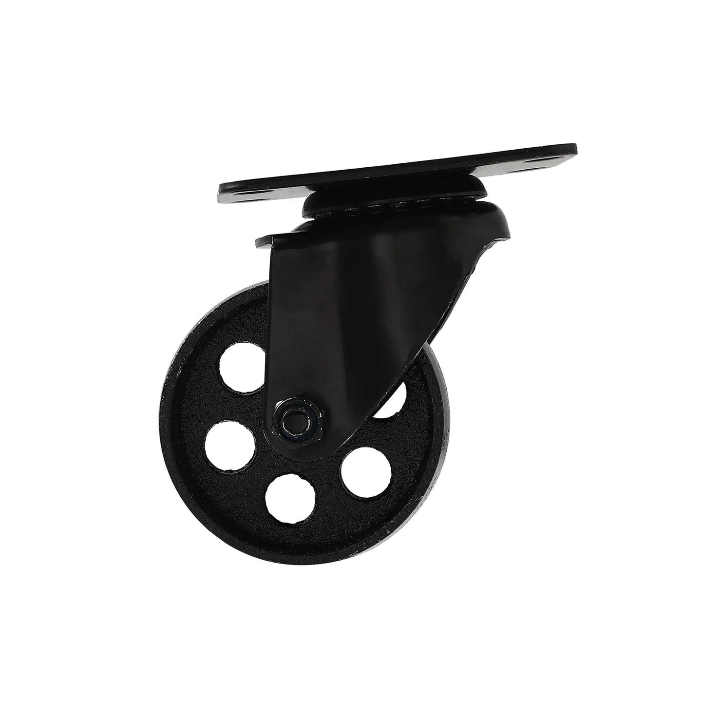 Side view of All Black Four Pack Metal Swivel Plate Caster Wheels With Brake Lock Heavy Duty High Gauge Steel 3 Inch Casters Each