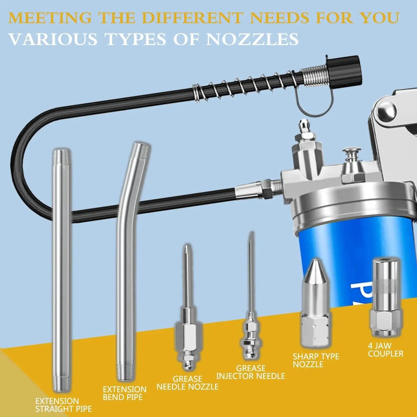 All In One Built Tough Heavy Duty 8000 PSI Pistol Grip Grease Gun Kit With 14 Oz Cartridge showing nozzles and hoses.