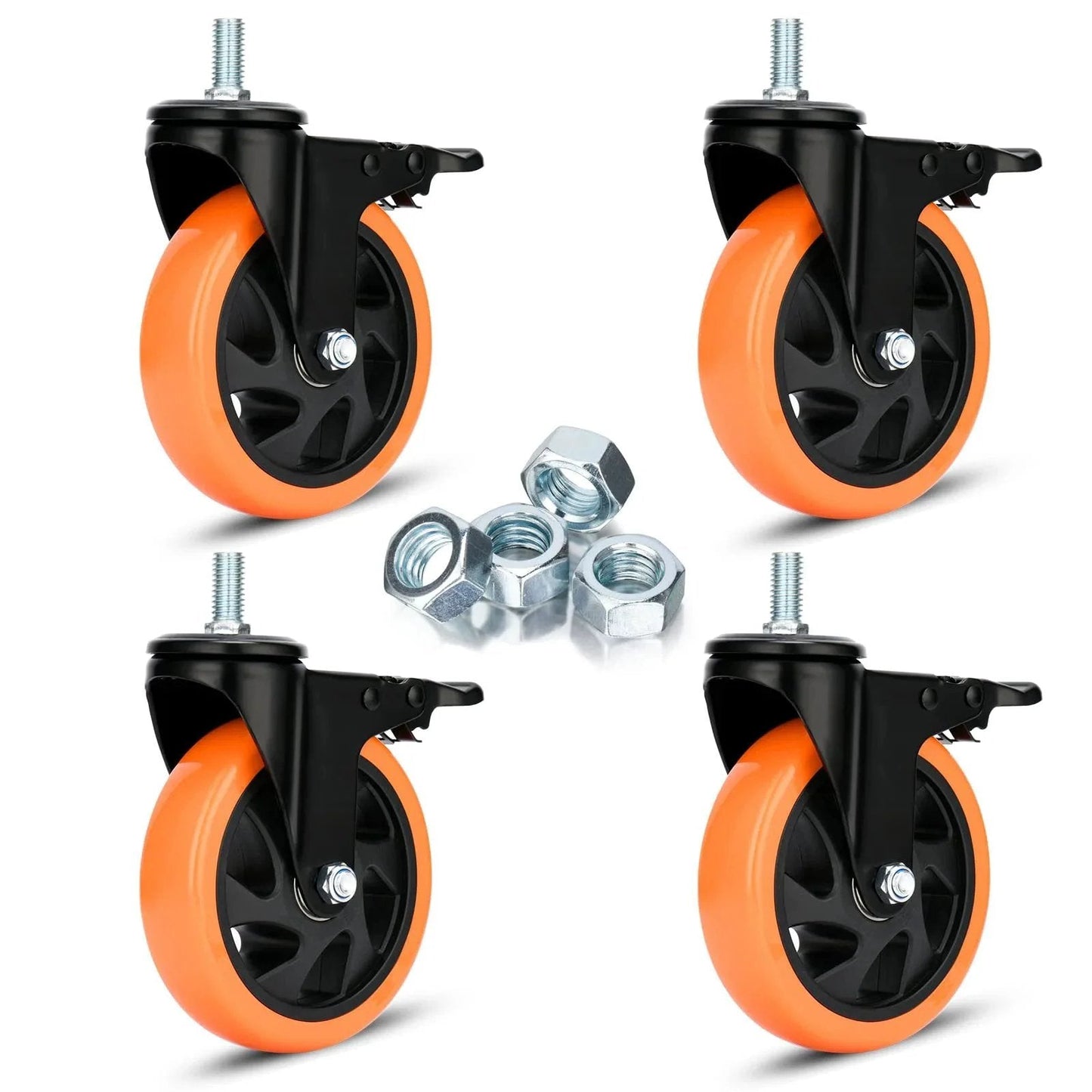 5-Inch Stem Caster Wheels With Brakes, Dual Locking Swivel Casters, 1500 Lbs Capacity, M12-1.75x25mm Threaded Stem, Heavy Duty Steel Body, Four Pack