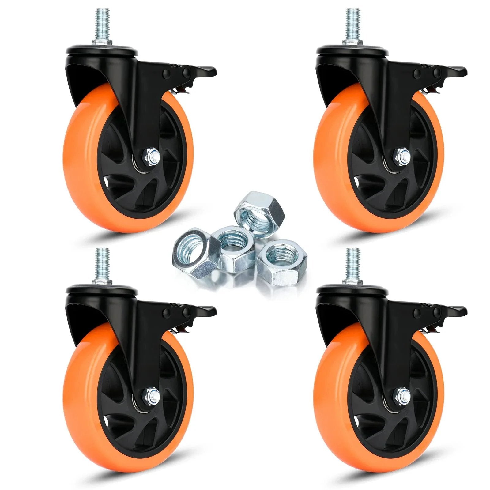 5-Inch Stem Caster Wheels With Brakes, Dual Locking Swivel Casters, 1500 Lbs Capacity, M12-1.75x25mm Threaded Stem, Heavy Duty Steel Body, Four Pack
