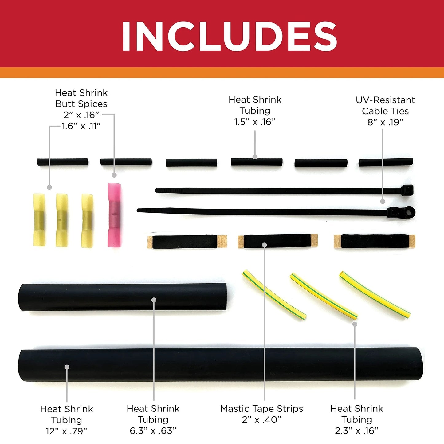 Contents of the UL Listed Universal Tee And Splice Kit For 10-13mm Self Regulating Heat Cable Or Heat Tape including tubing, ties, and splices.