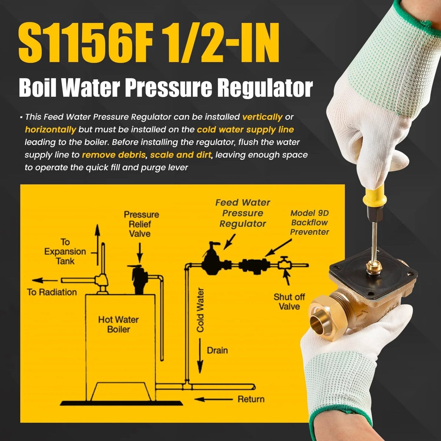 Half Inch High Capacity Water Pressure Regulator For Watts 1156F Series Replacement Compatible With S1156F Boiler Water Regulator 10 To 25 PSI 0.7 To 1.7 Bar Union Joint Half Inch Inlet Outlet held by gloved hands, installation diagram in background.