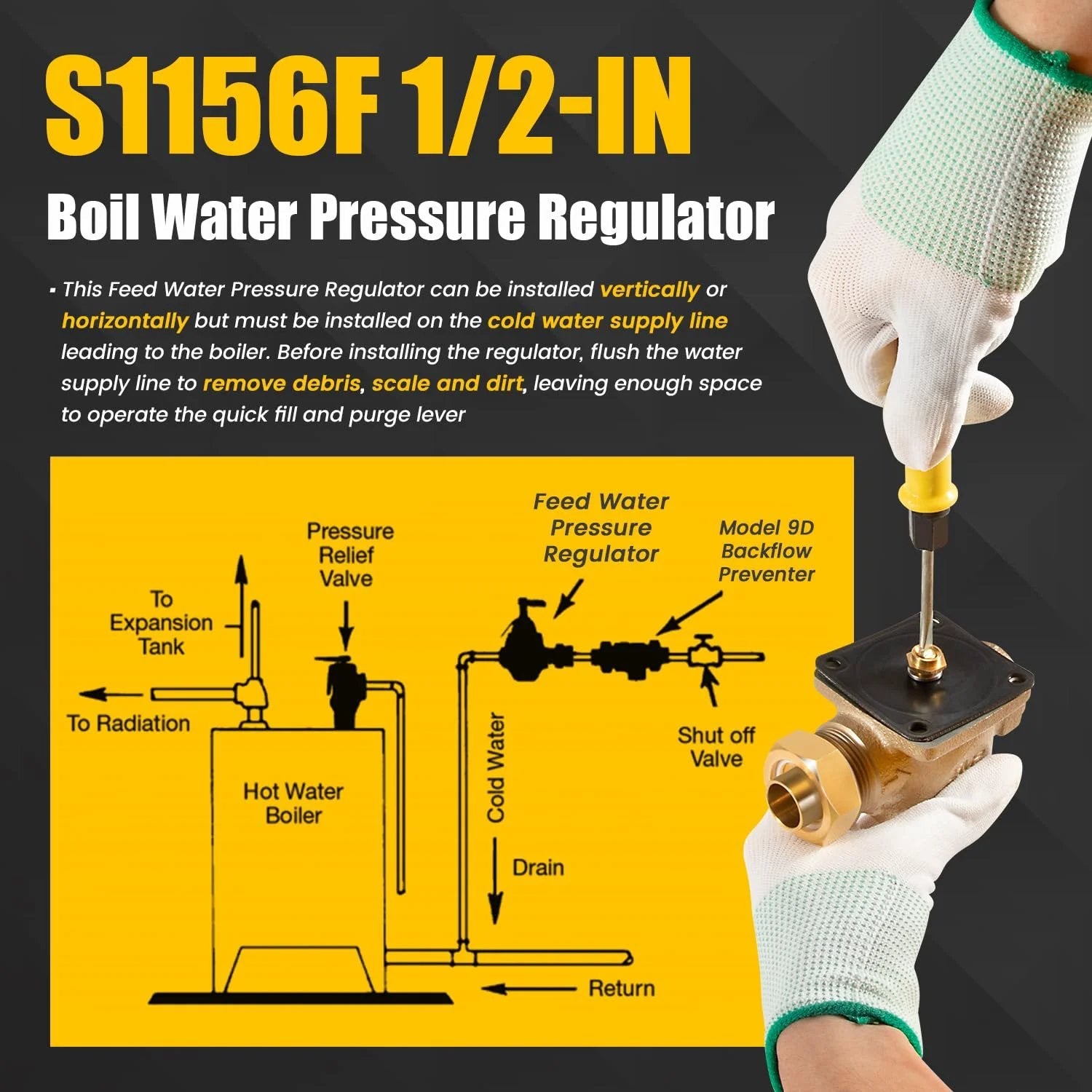 Half Inch High Capacity Water Pressure Regulator For Watts 1156F Series Replacement Compatible With S1156F Boiler Water Regulator 10 To 25 PSI 0.7 To 1.7 Bar Union Joint Half Inch Inlet Outlet held by gloved hands, installation diagram in background.