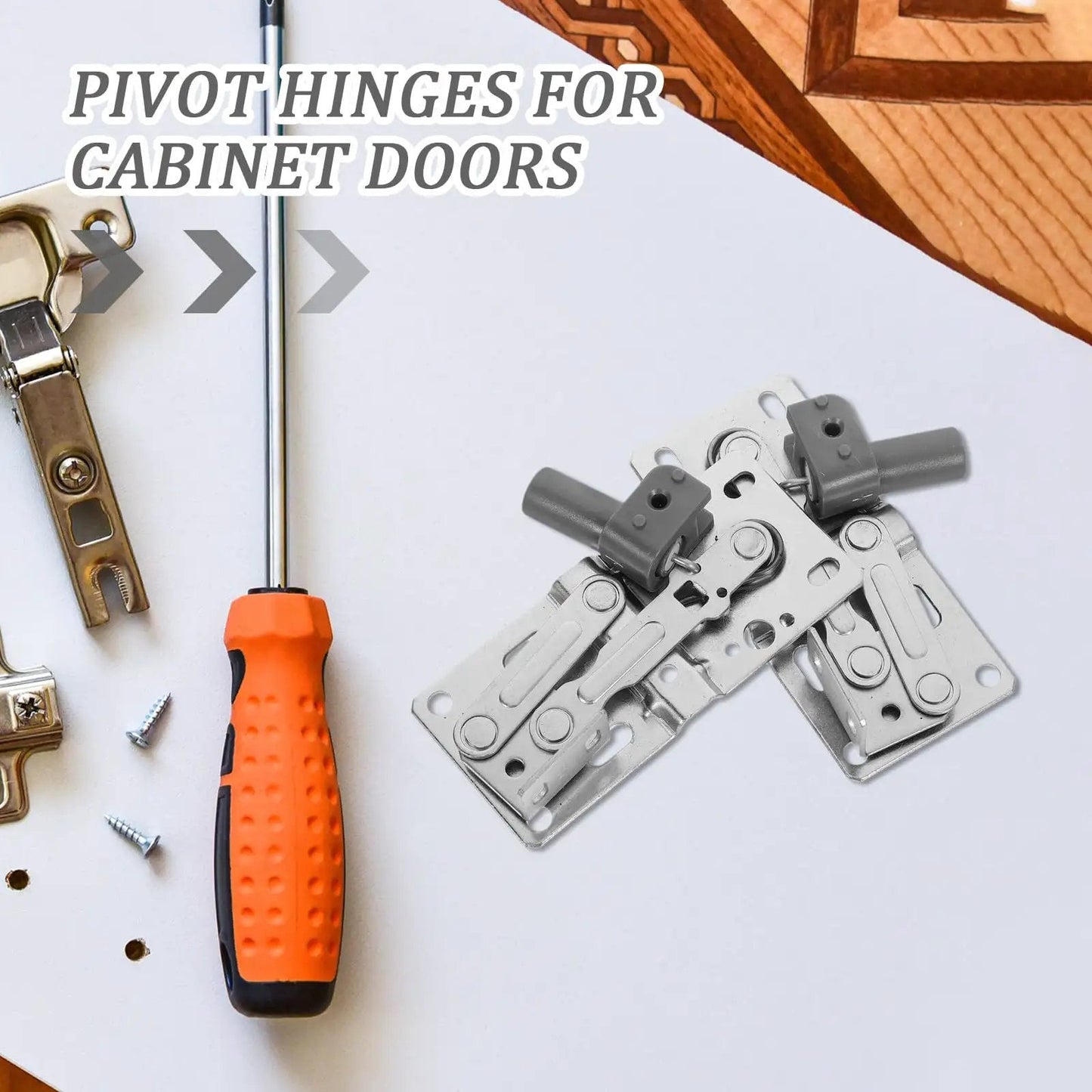 45 Degree Flip Down Soft Close Cabinet Hinges With Spring Damping For Wooden Furniture Doors Hydraulic Pivot Hinges For Storage Beds And Kitchen Cabinets 1 Pair Quiet Smooth Close And Easy Install. Hinges shown with screwdriver and screws on tabletop.