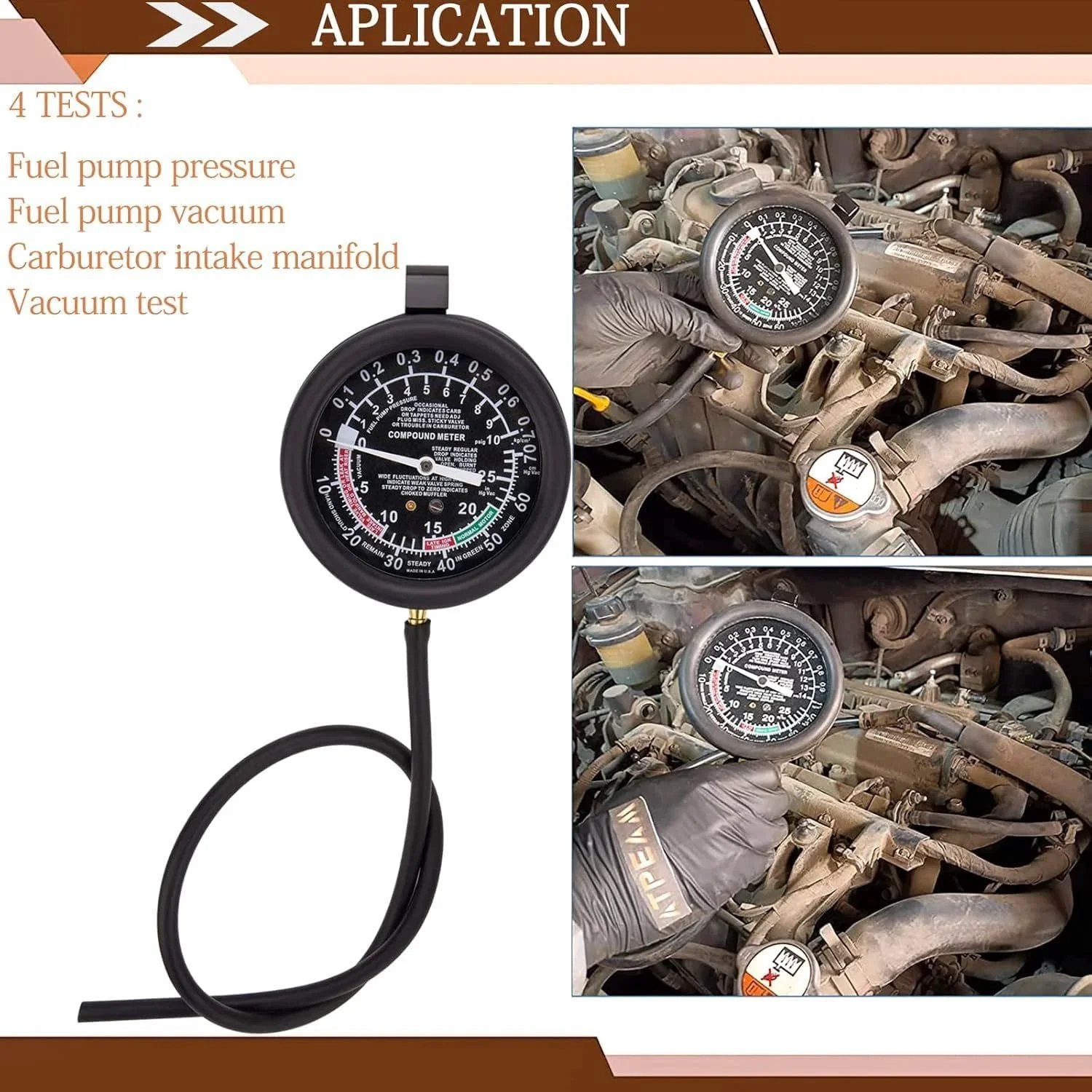 Vacuum Gauge Automotive Tester Kit For Fuel Pressure Diagnostics And Carburetor Testing DIY Friendly Fuel Pump Pressure Checker For Vacuum Leaks And Engine Performance VECKYJL, with gauge and hose displayed in vehicle engine.