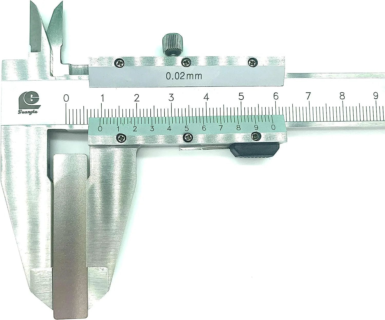Stainless steel caliper measuring tool with millimeter scale, showing precision measurements up to 0.02mm.