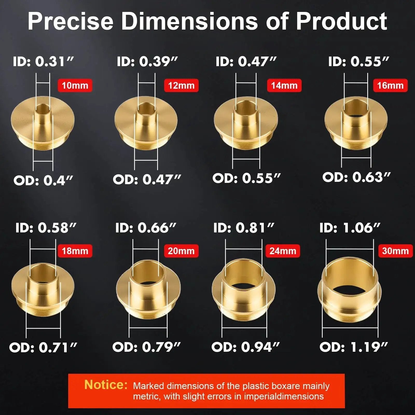 8 brass bushings with dimensions for 11Pcs Brass Router Bushing Guide Set With Lock Nut Adapter, labeled for precision woodworking.