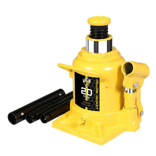 20 Ton Low Profile Bottle Jack for Heavy Duty Lifting Up to 40,000 Lbs, yellow with handle and extensions