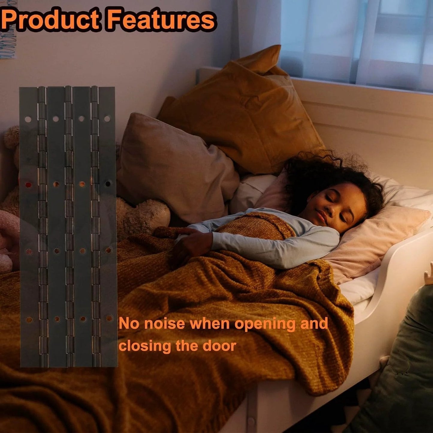 Sleeping child in bed next to 4 Pack 8 Inch Piano Hinges in Black Stainless Steel 304 Continuous Folding Hinges for Doors Cabinets
