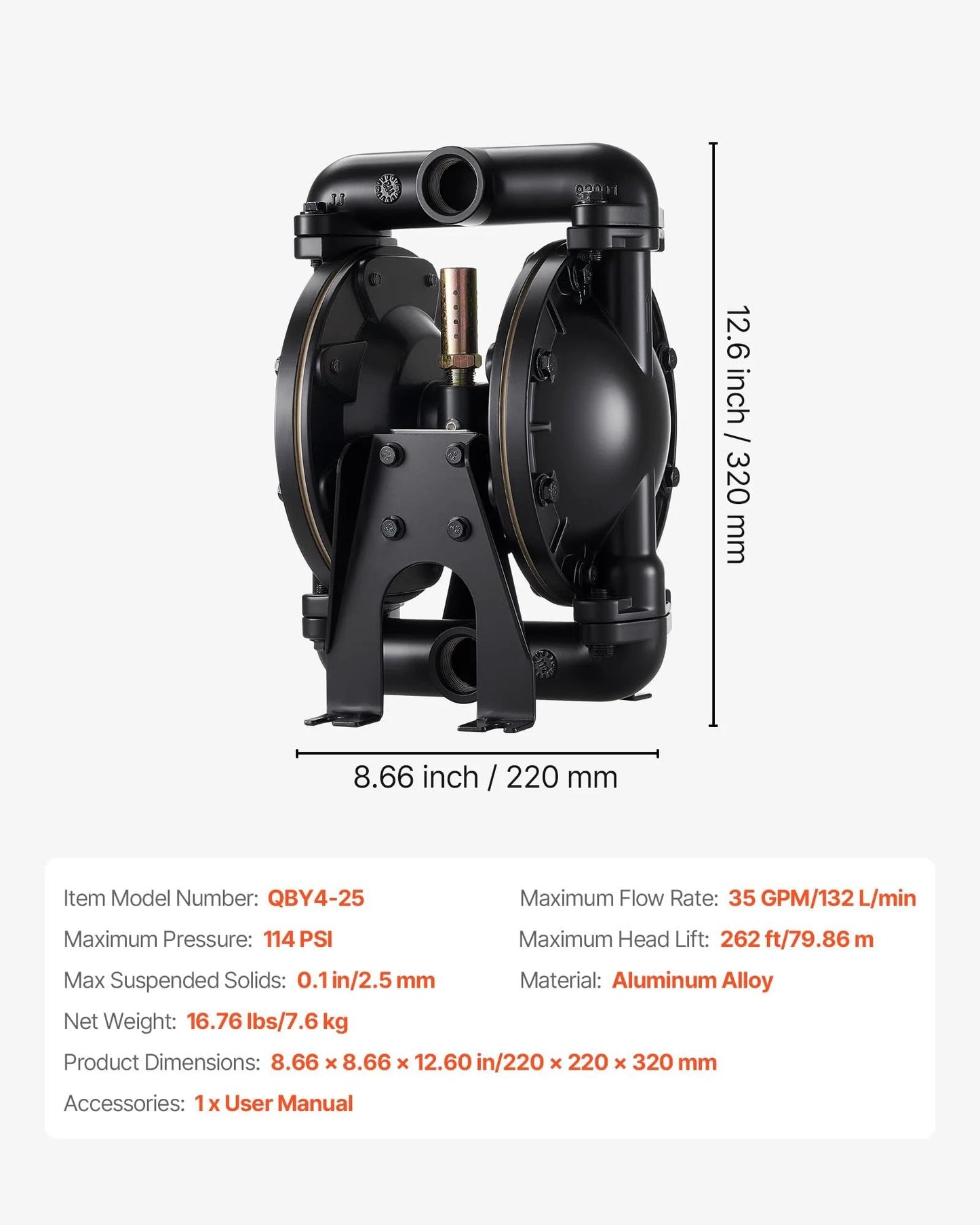 Side view of Air Operated Double Diaphragm Pump For Oil And Fuel Transfer, 35 GPM, 1 Inch Inlet And Outlet, Max 114 PSI