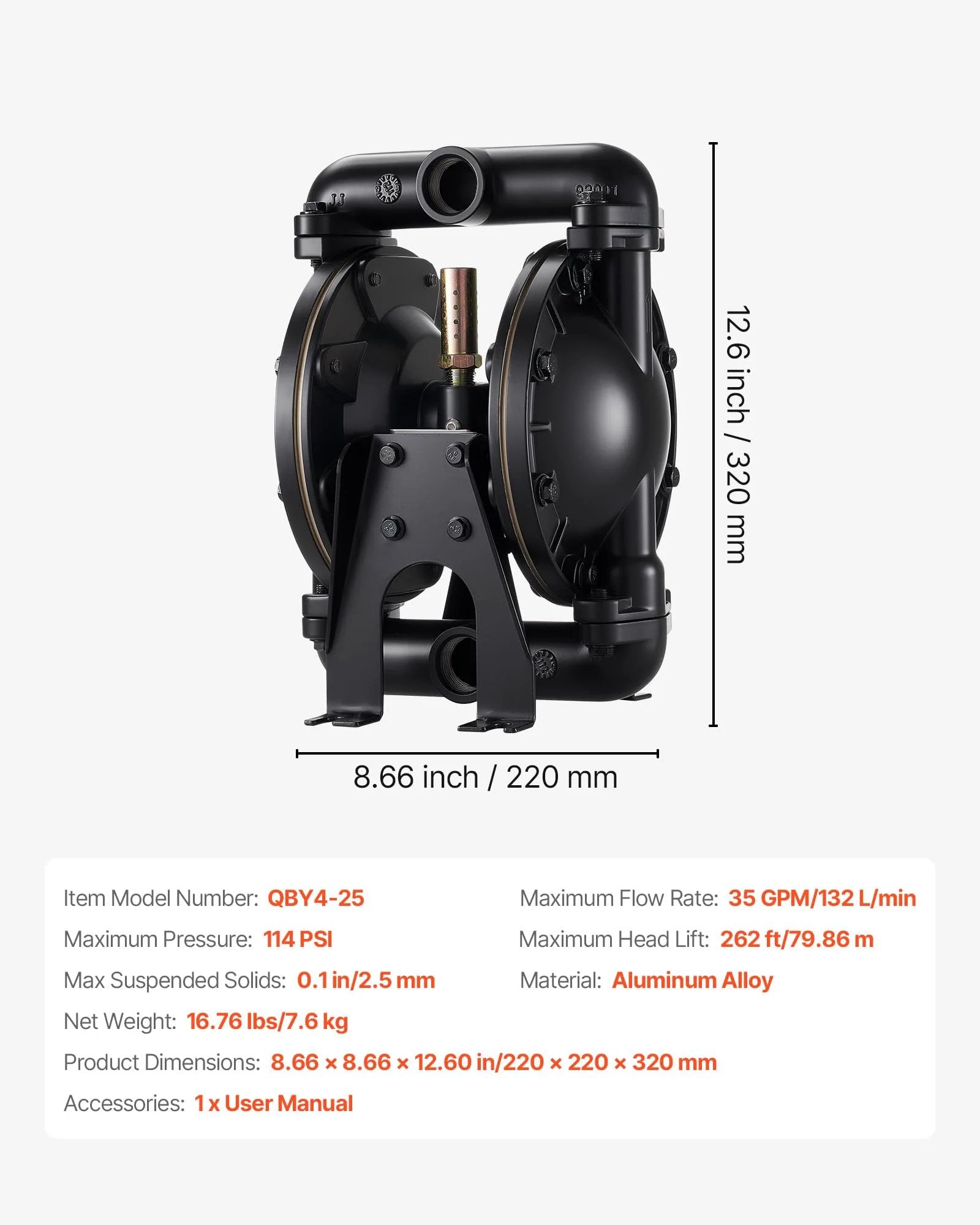 Side view of Air Operated Double Diaphragm Pump For Oil And Fuel Transfer, 35 GPM, 1 Inch Inlet And Outlet, Max 114 PSI