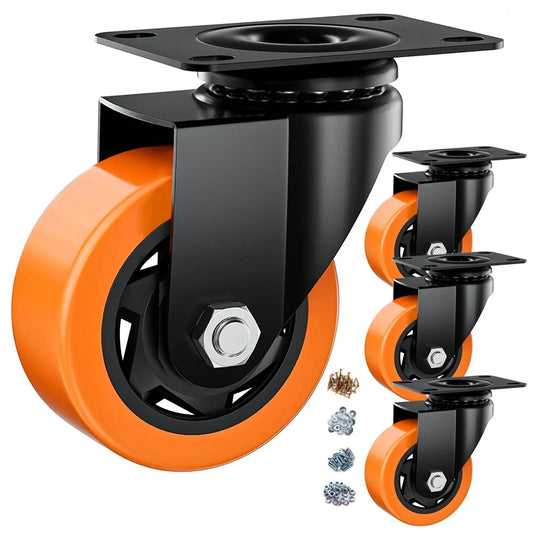 Four 3 Inch Heavy Duty Caster Wheels Set Of 4 In Orange Polyurethane For Industrial Use showing swivel top plate and mounting hardware