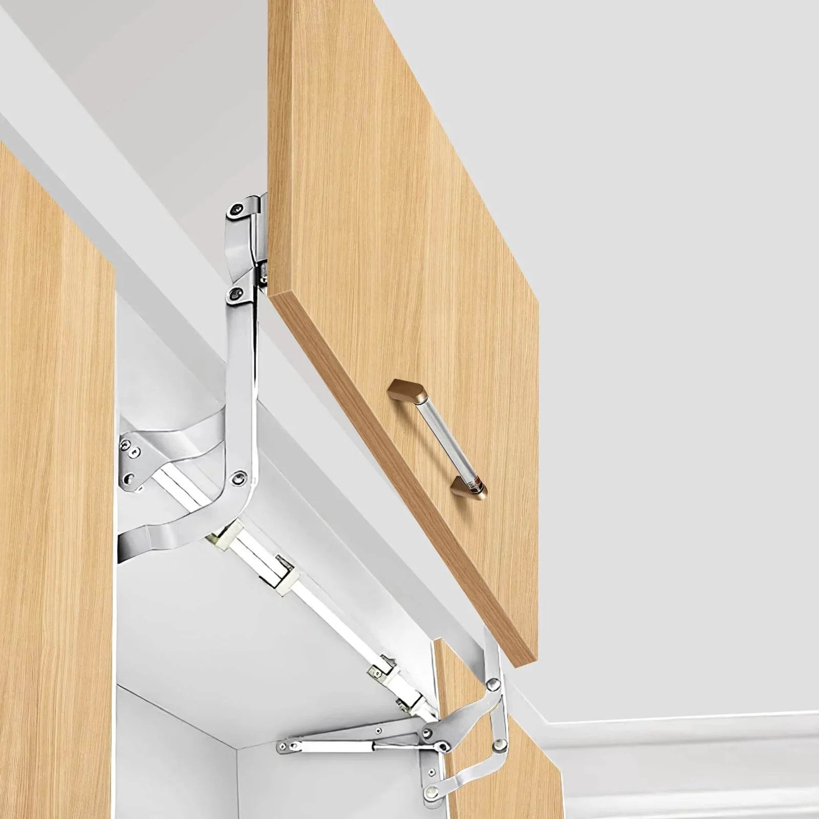 Cabinet Door Lift up Hinge, Vertical Lift Hinge installed on wooden kitchen cabinet, showing sturdy, silent pneumatic arm mechanism
