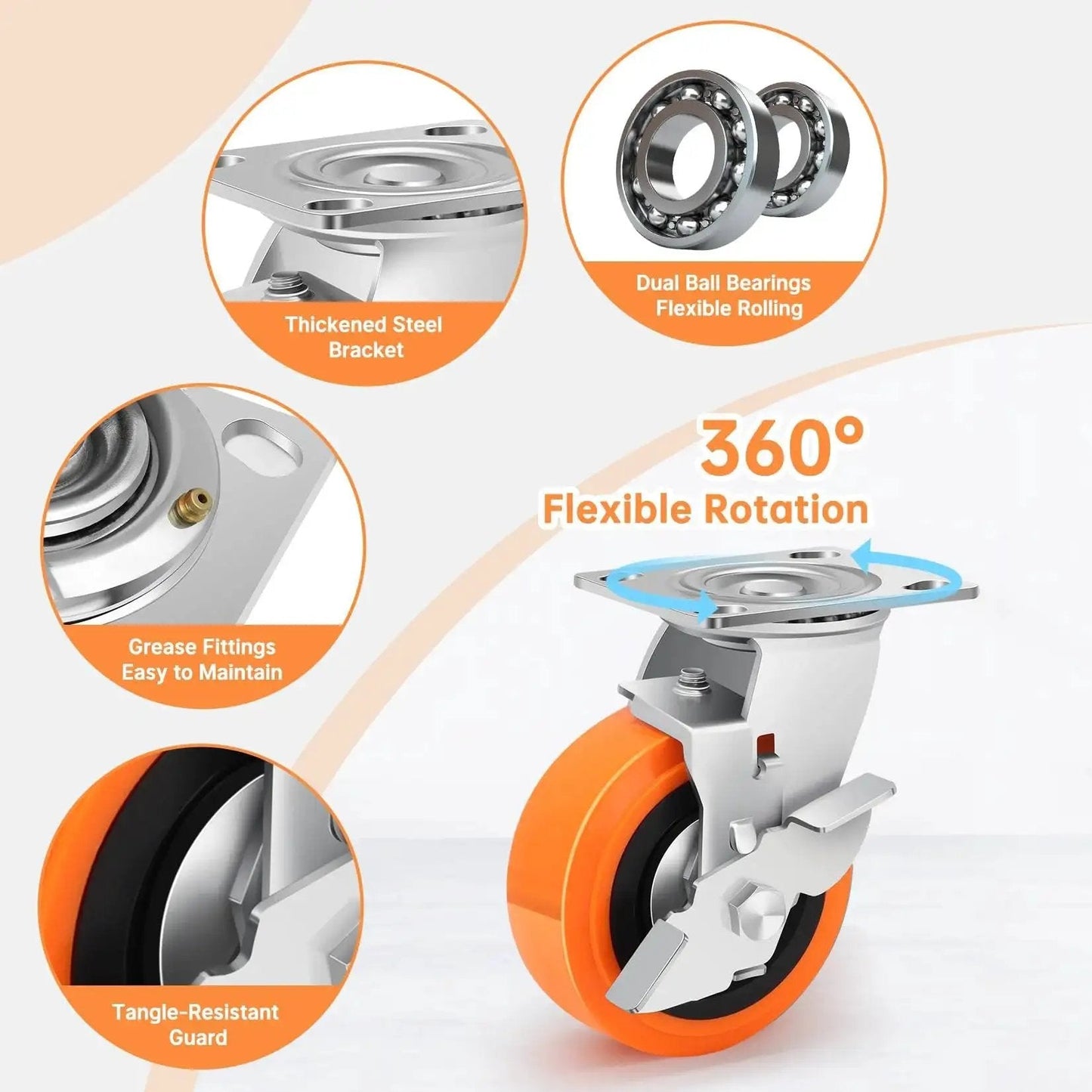 Heavy Duty Industrial Casters With Upgraded Thickened Bracket, 5 Inch Plate Swivel Caster, Polyurethane Wheels, Rust Resistant