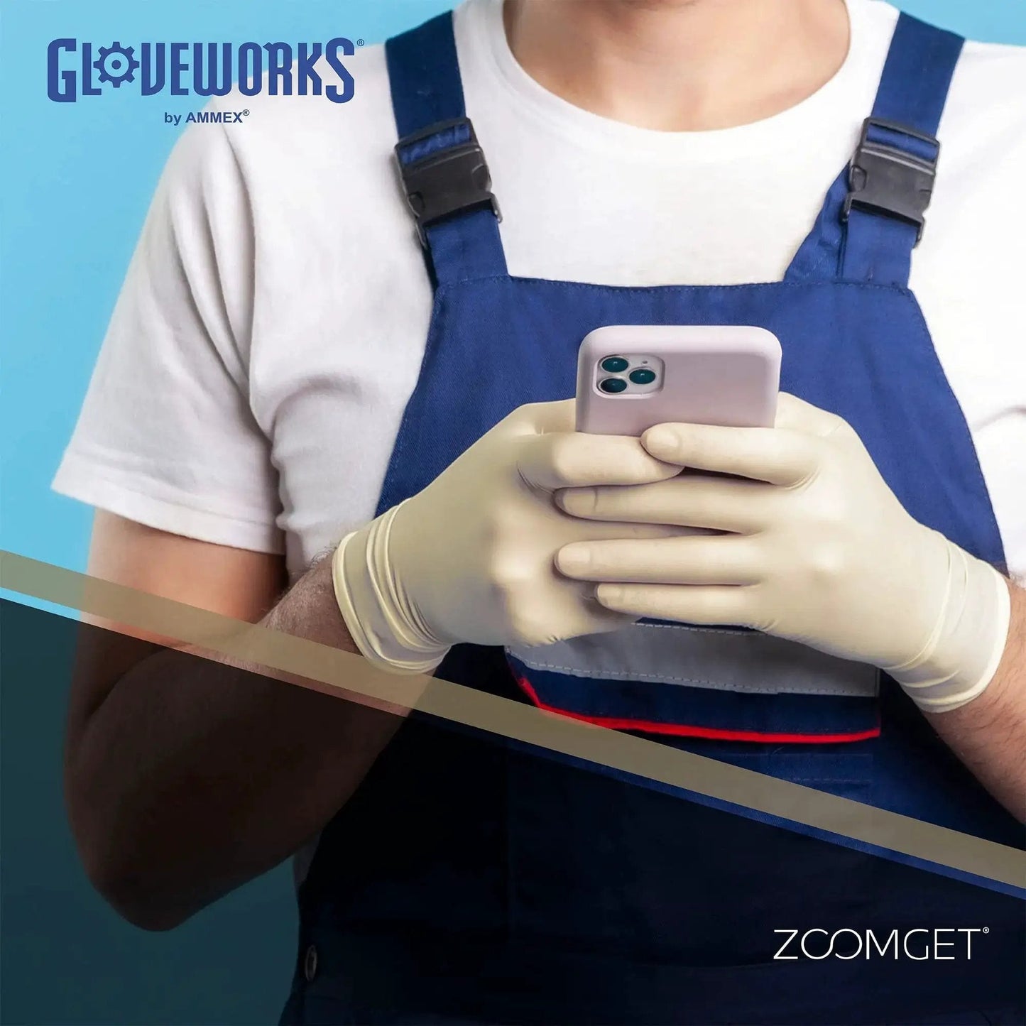 Person wearing industrial grade latex disposable gloves 8 mil powder free, holding smartphone, double chlorinated case of 1000