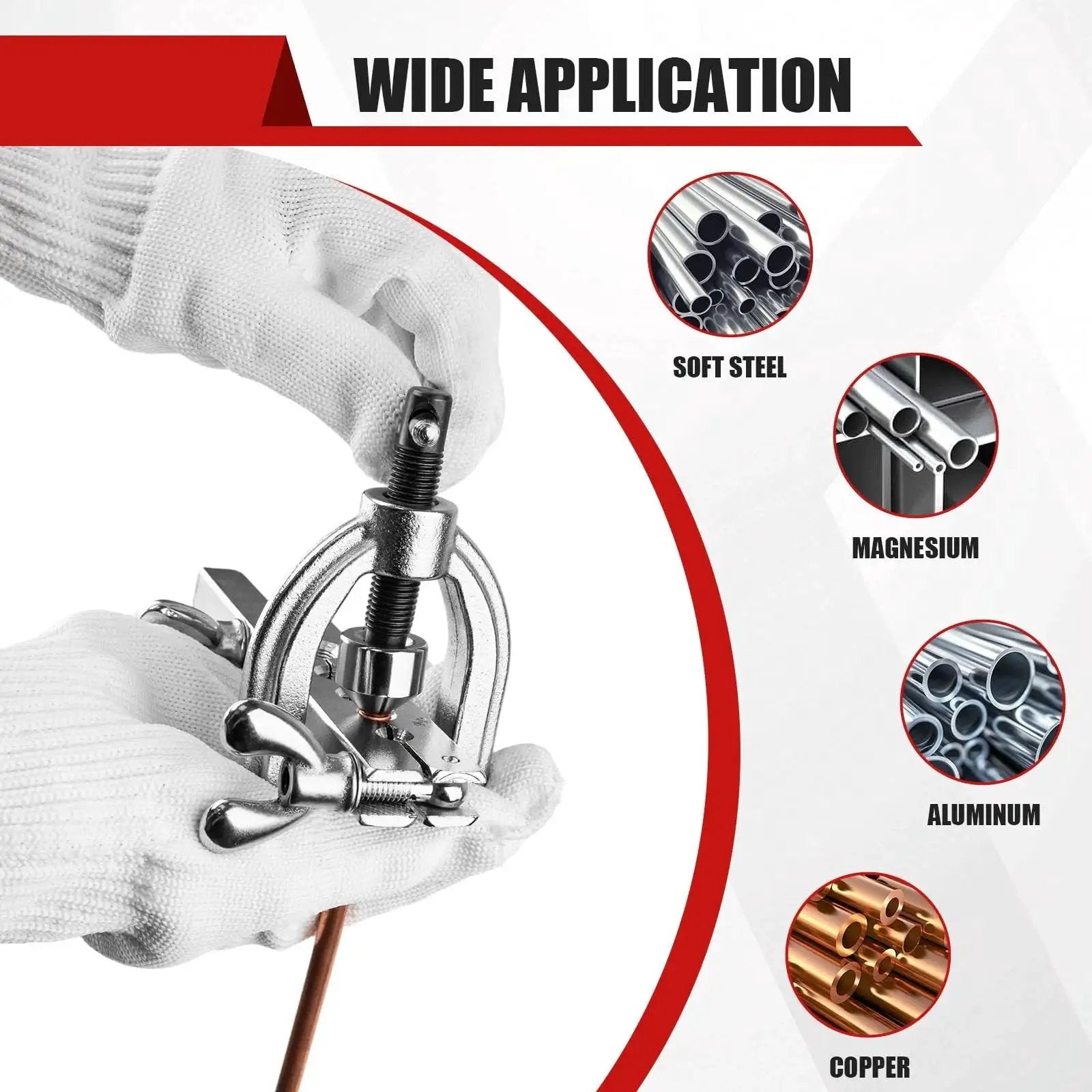 Brake Line Flaring Tool Kit With 5 Adapters For Brass Copper Aluminum 45 Degree in use on copper tubing by hands wearing gloves