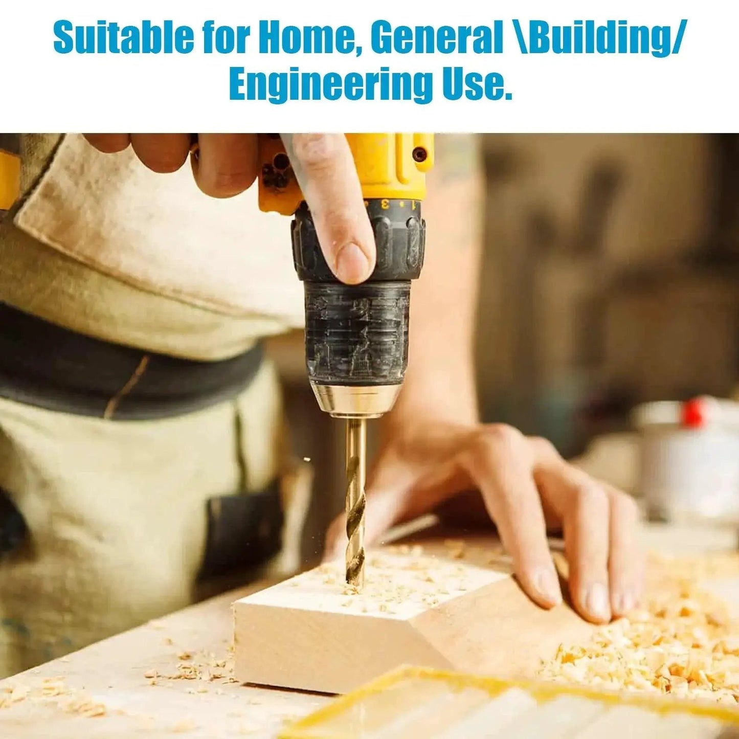 Person using 19 Piece Hex Shank Drill Bit Set With Holder For Metal Wood Plastic Pro Grade Titanium Coated HSS Twist Bits 4241 High Speed Steel One Sixteenth Inch To One Quarter Inch Includes Thirteen Sizes Plus One Quick Change Bit Holder on wood.