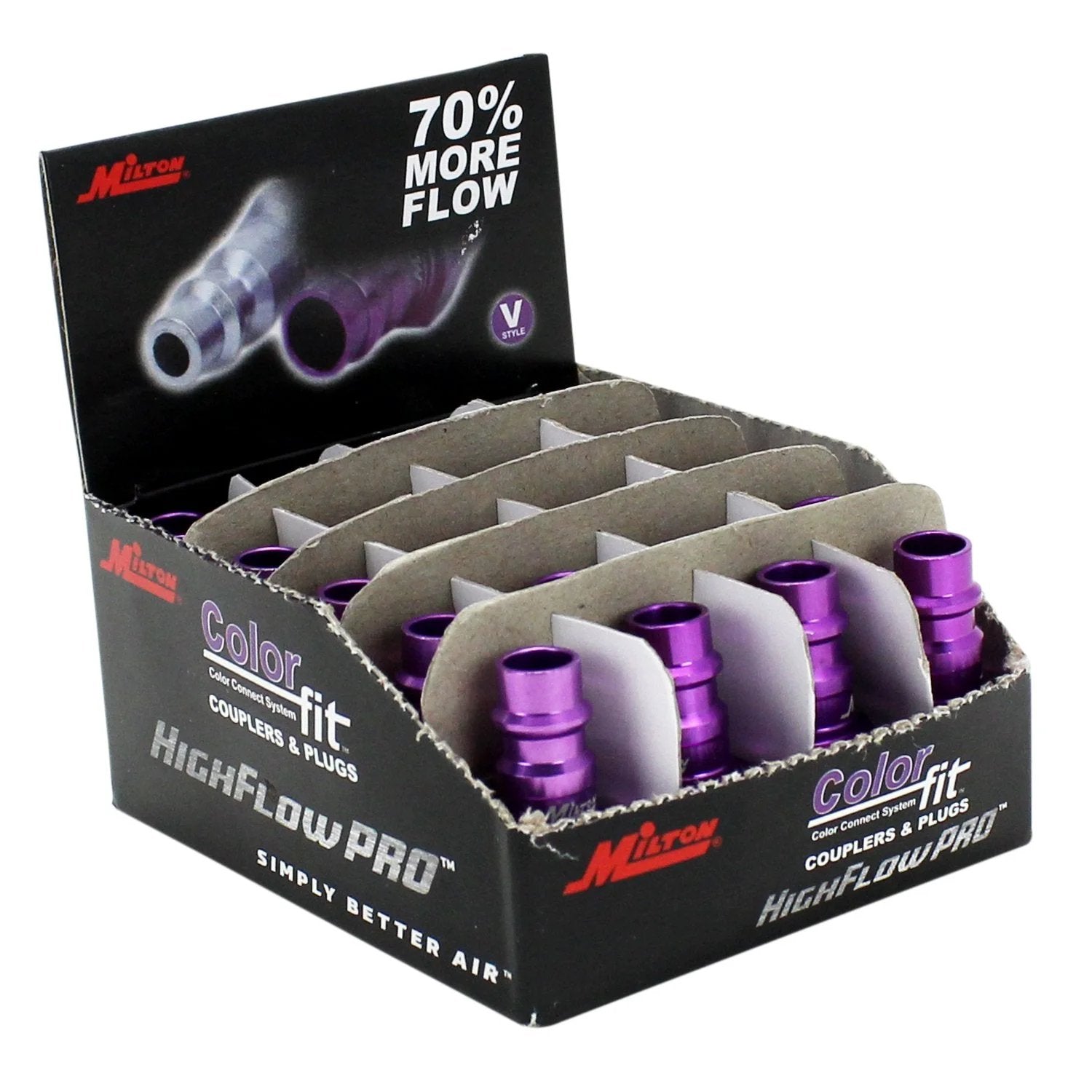 Box of 20 ColorFit HighFlowPRO V Style Purple Air Line Plugs Quarter Inch NPT Male by Milton, showing packaging and plugs