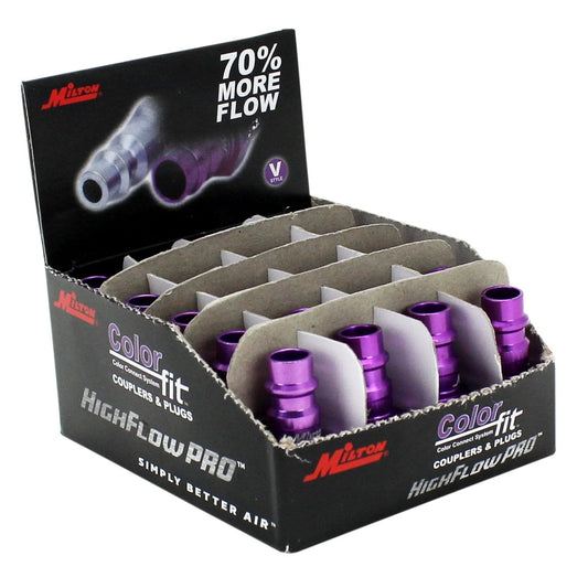 Box of 20 ColorFit HighFlowPRO V Style Purple Air Line Plugs Quarter Inch NPT Male by Milton, showing packaging and plugs