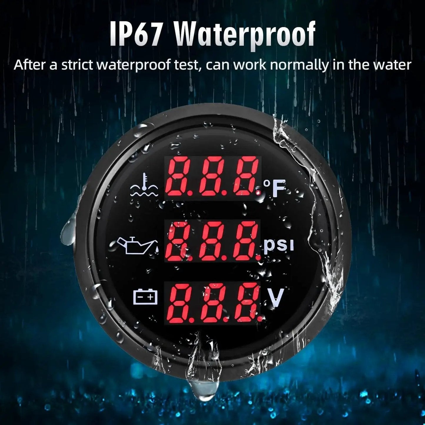 IP67 waterproof All In One 52mm 2-1/16 Inch Triple Gauge Kit with digital oil pressure, water temperature, and volt display.