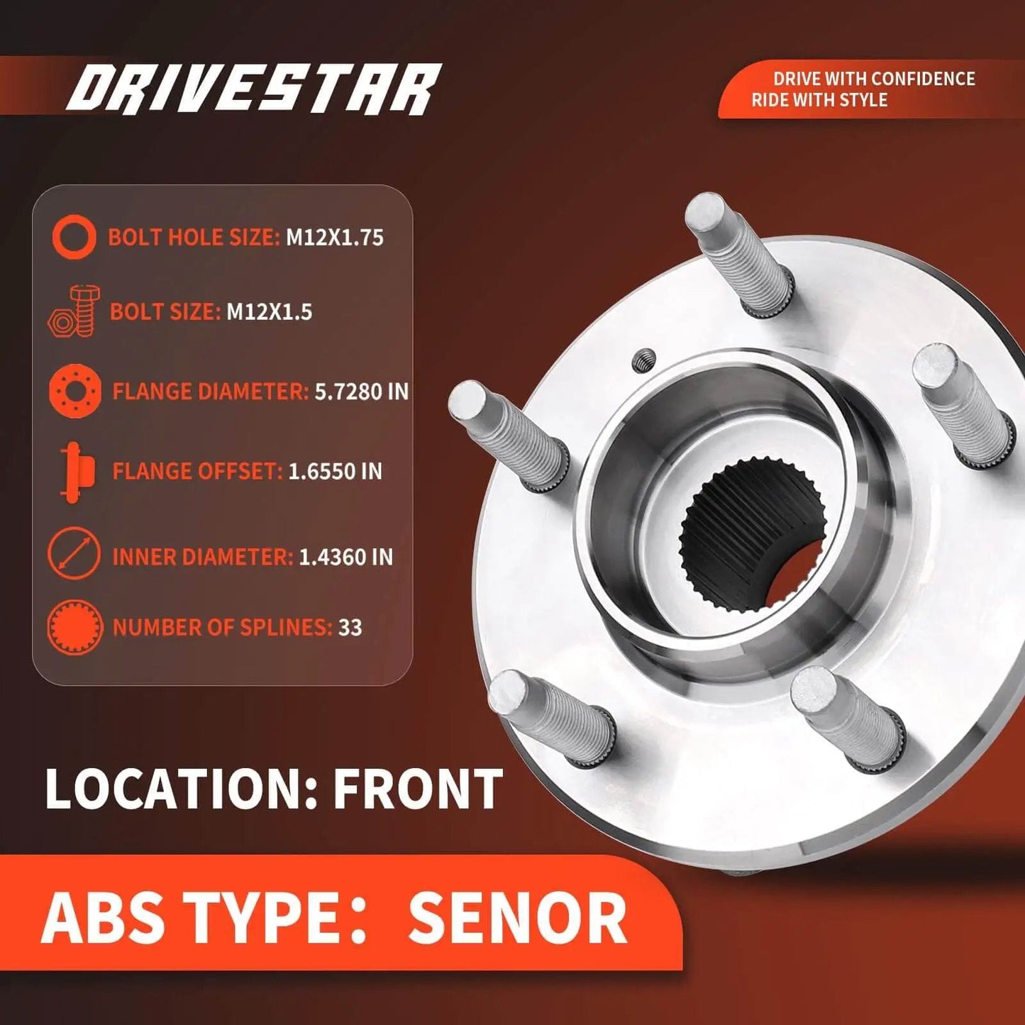 Front Wheel Hub & Bearing Assembly (1 pc) 5-Lug w/ ABS Left or Right, Sealed Wheel Hub Bearing Replacement, specs displayed