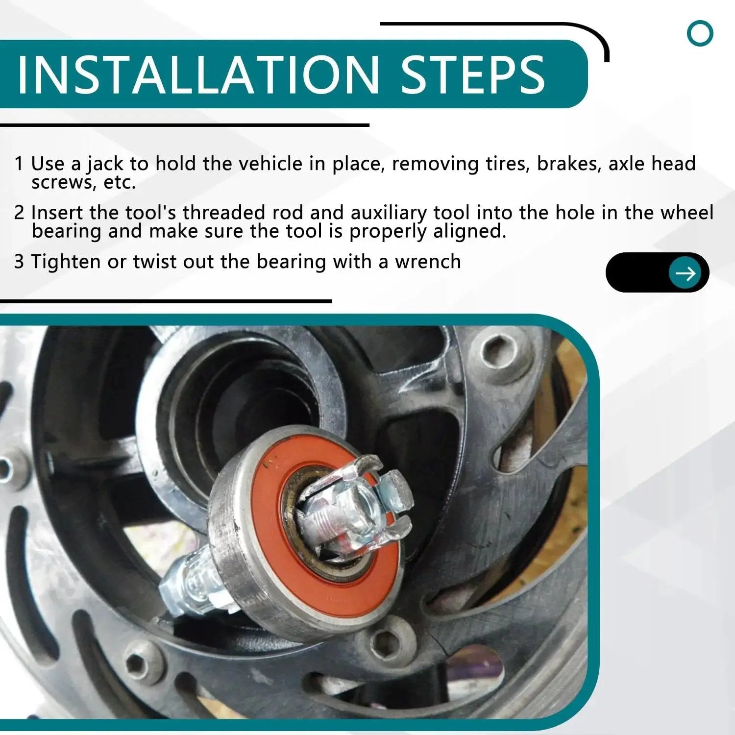 Installation steps for Durable High Grade Steel Wheel Bearing Removal Tool For 40 And 44 Mm Bearings Compatible With RZR Ranger General UTV