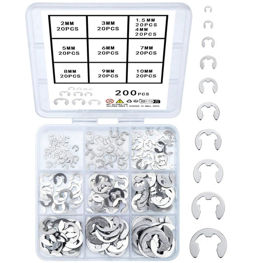 Premium Stainless Steel E Clips Kit With 200 Pcs External Circlips 10 Sizes From M1.5 To M10 Dope Retaining Rings Set For Automotive And Machinery Corrosion And Oil Resistant Easy To Store By Wugongshan; organized in a clear box.
