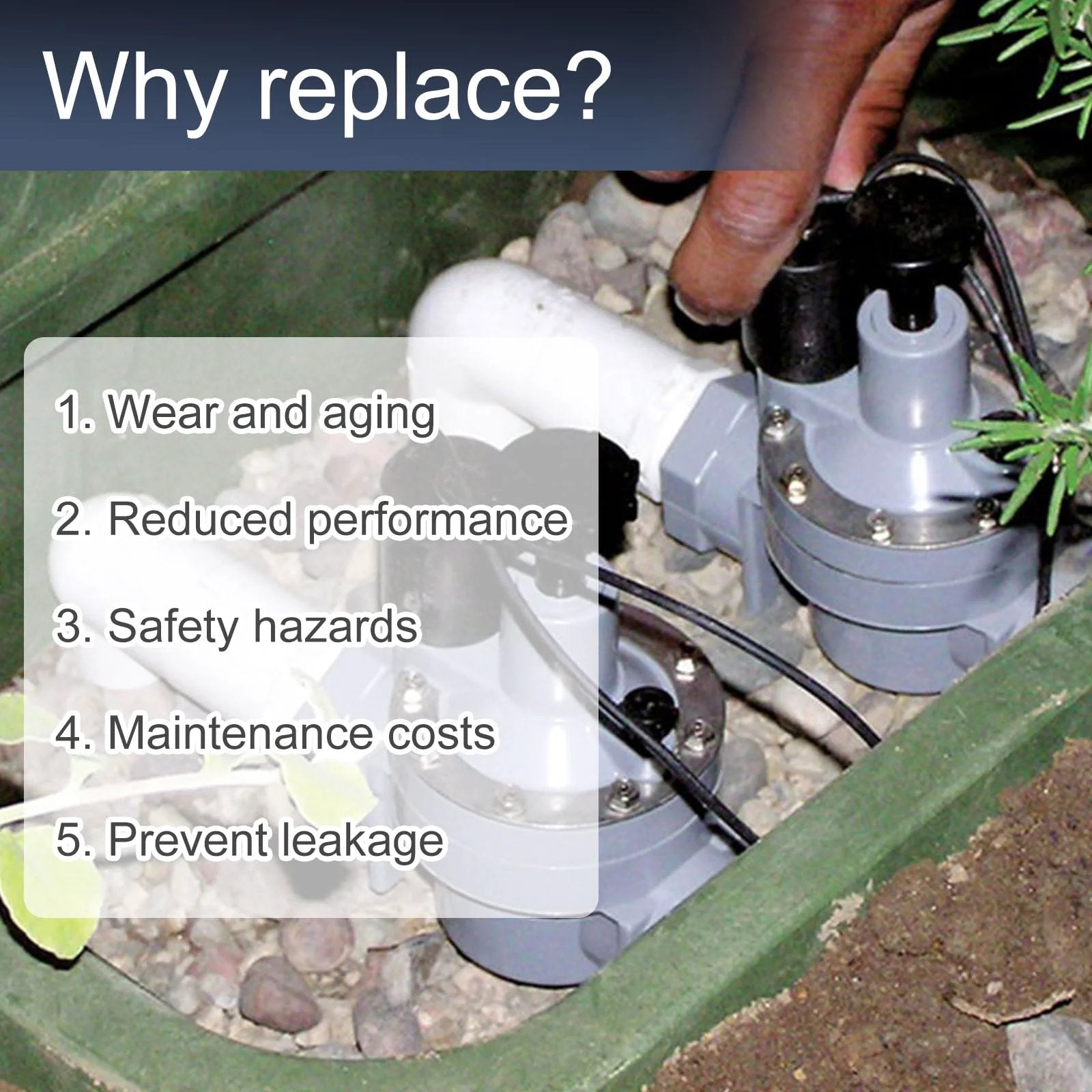 Hand adjusting Irritrol sprinkler valve in garden, highlighting reasons for replacement including wear, performance, hazards, and leaks.