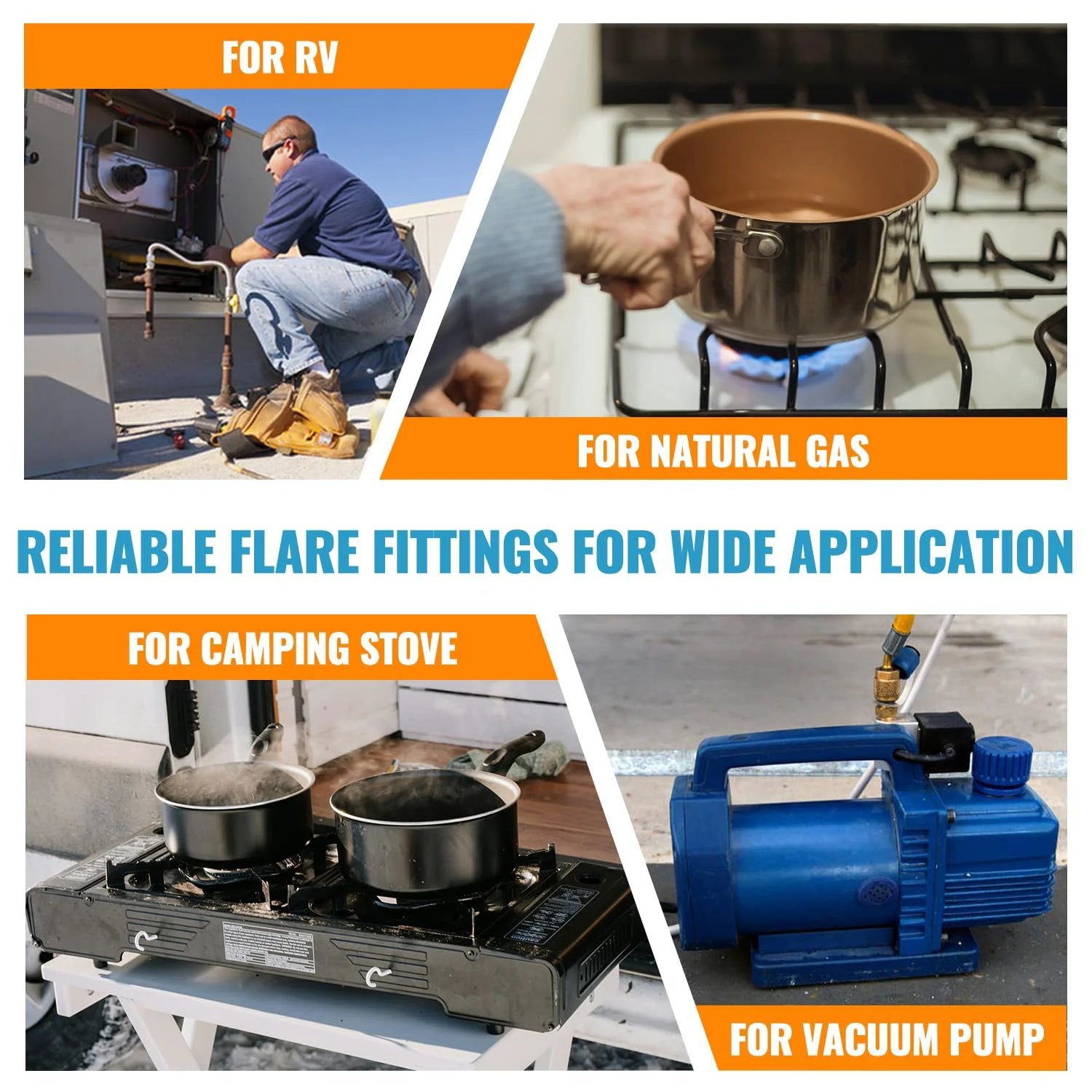 Four applications of flare fittings for RVs, natural gas, camping stoves, and vacuum pumps shown in a collage.