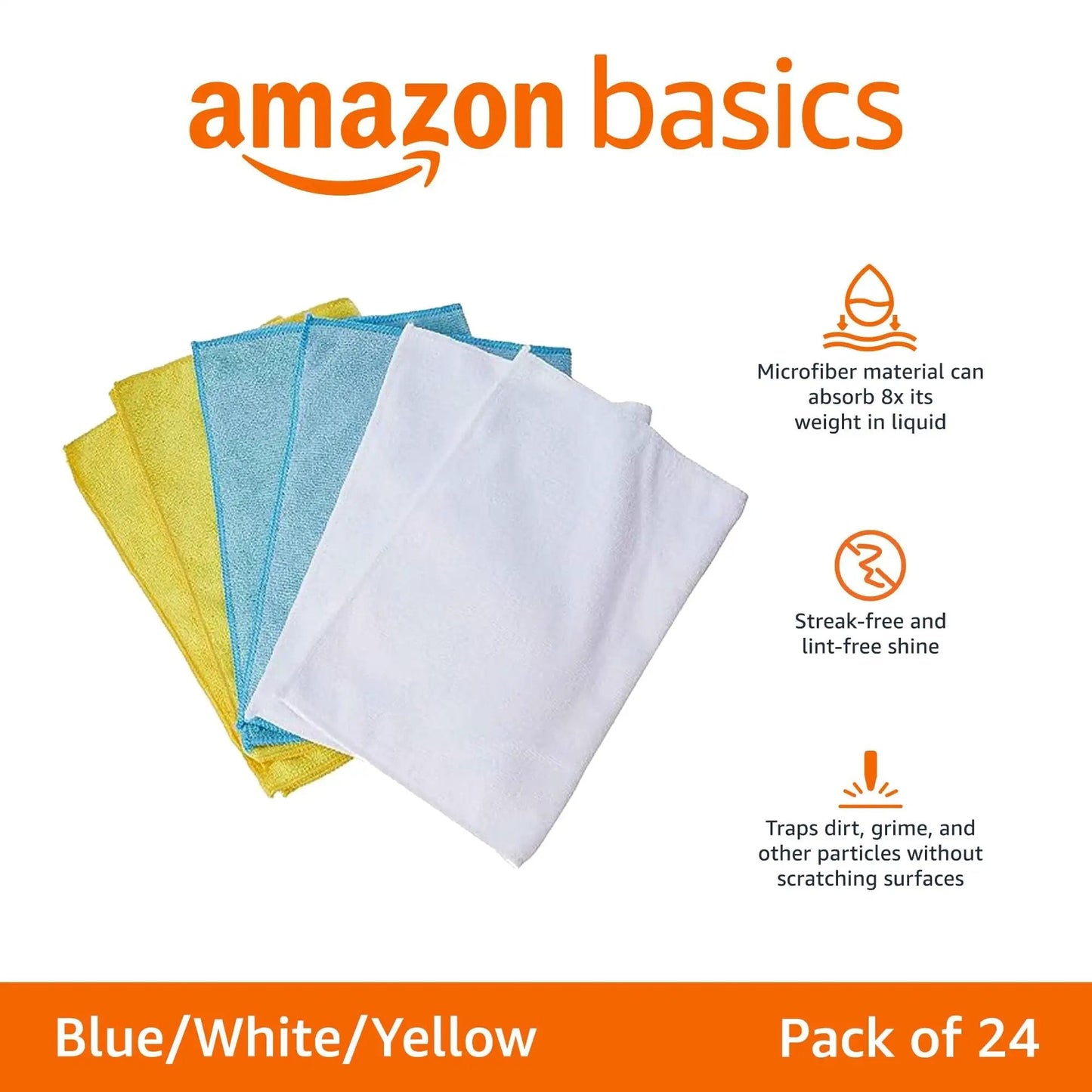 Ultra Absorbent Microfiber Cleaning Cloths For Cars And Home Go To, 24 Pack, 16 By 12 Inches, Non Abrasive Lint Free Streak Free Reusable And Washable, Colorful Blue White Yellow, Amazon Basics, assorted colors laid flat.