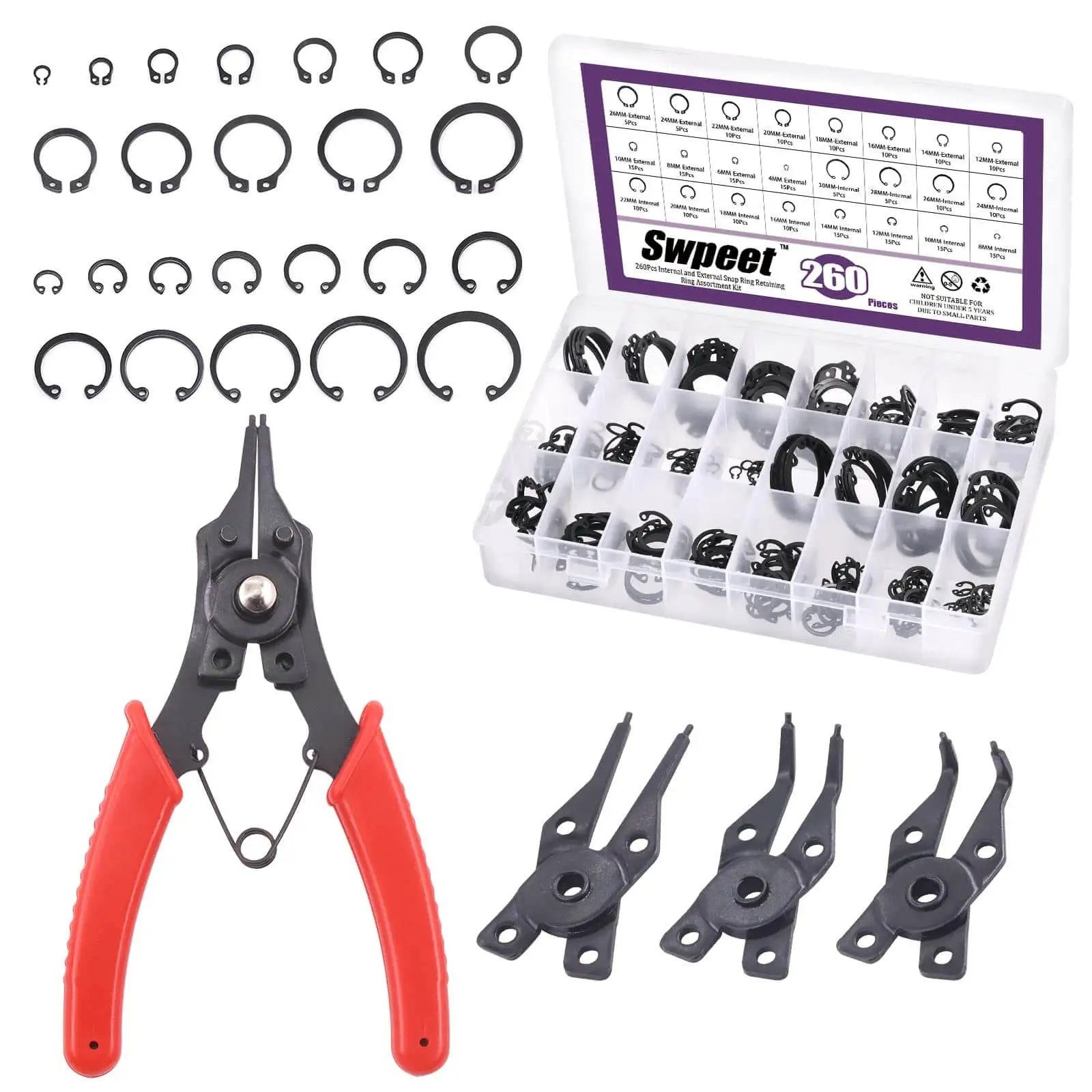 All In One 4 In 1 Snap Ring Pliers Kit With 262 Pcs External And Internal Retaining Rings in case and pliers with red handles