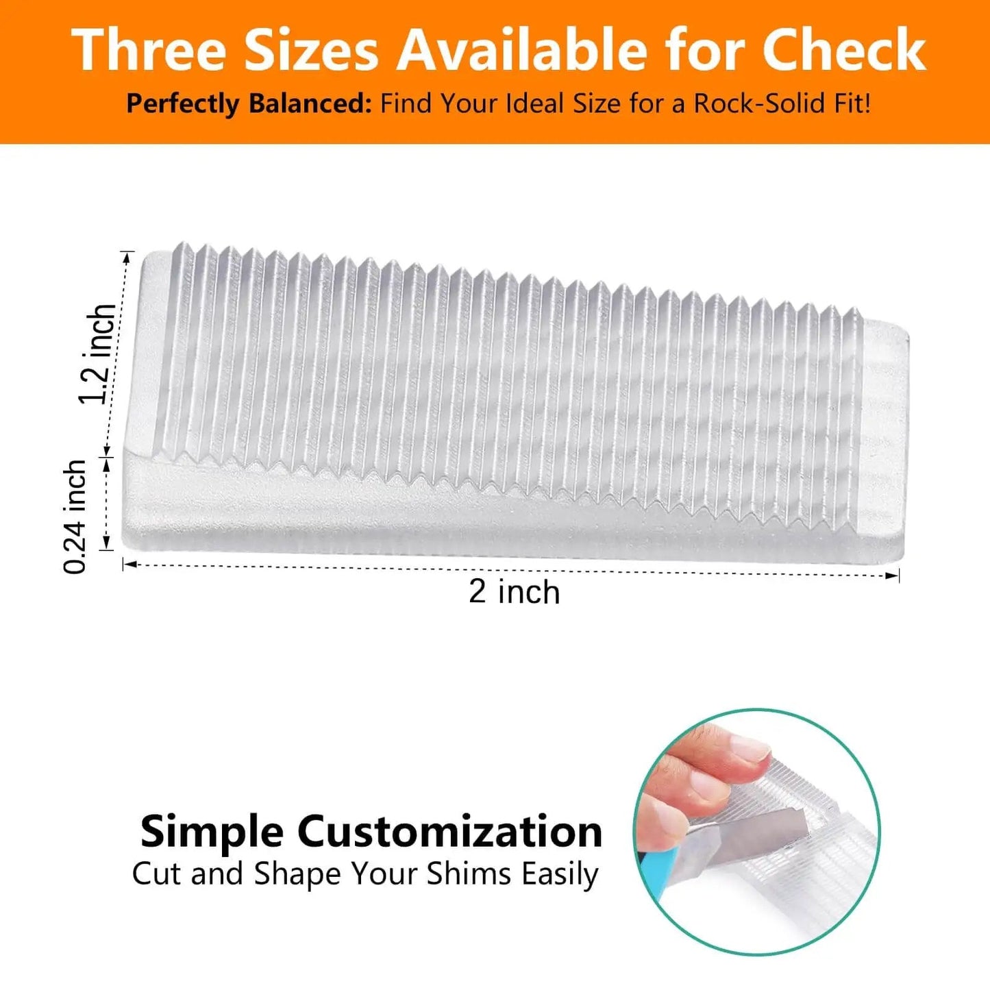 Clear Flexible Plastic Shim Kit 12pc for Home Improvement with trim to fit wedges, stackable, dimensions 2x1.2x0.24 inches