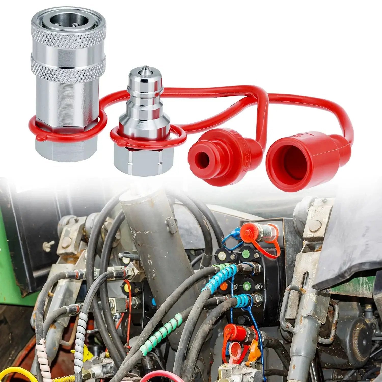 Rugged 1/4 Inch Hydraulic Quick Connect Coupler Set with Dust Caps shown attached to machinery, 3600 PSI rating, 1/4 Inch NPT Thread.