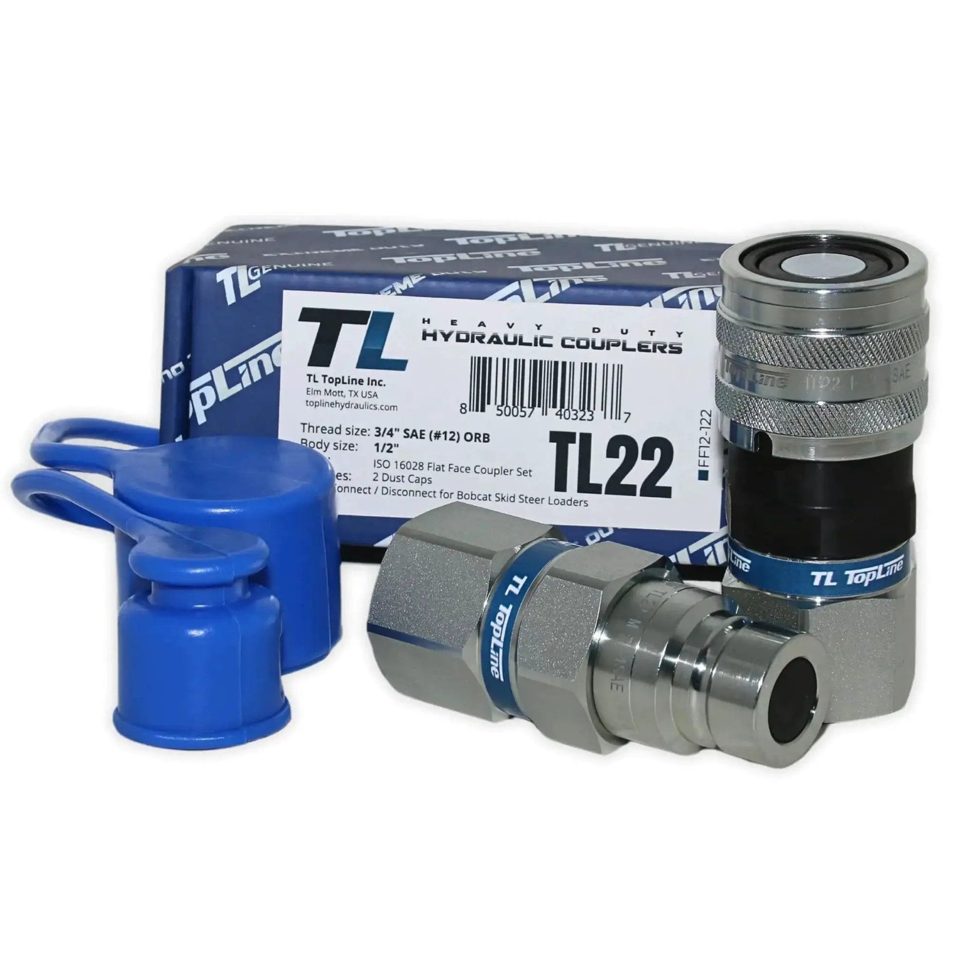 Flat Face Hydraulic Quick Connect Coupler Set For Skid Steer Bobcat Attachments One Half Inch Body With Three Quarter Inch SAE O Ring Boss Thread ISO 16028 Heavy Duty TL22 Blue Dust Caps in packaging