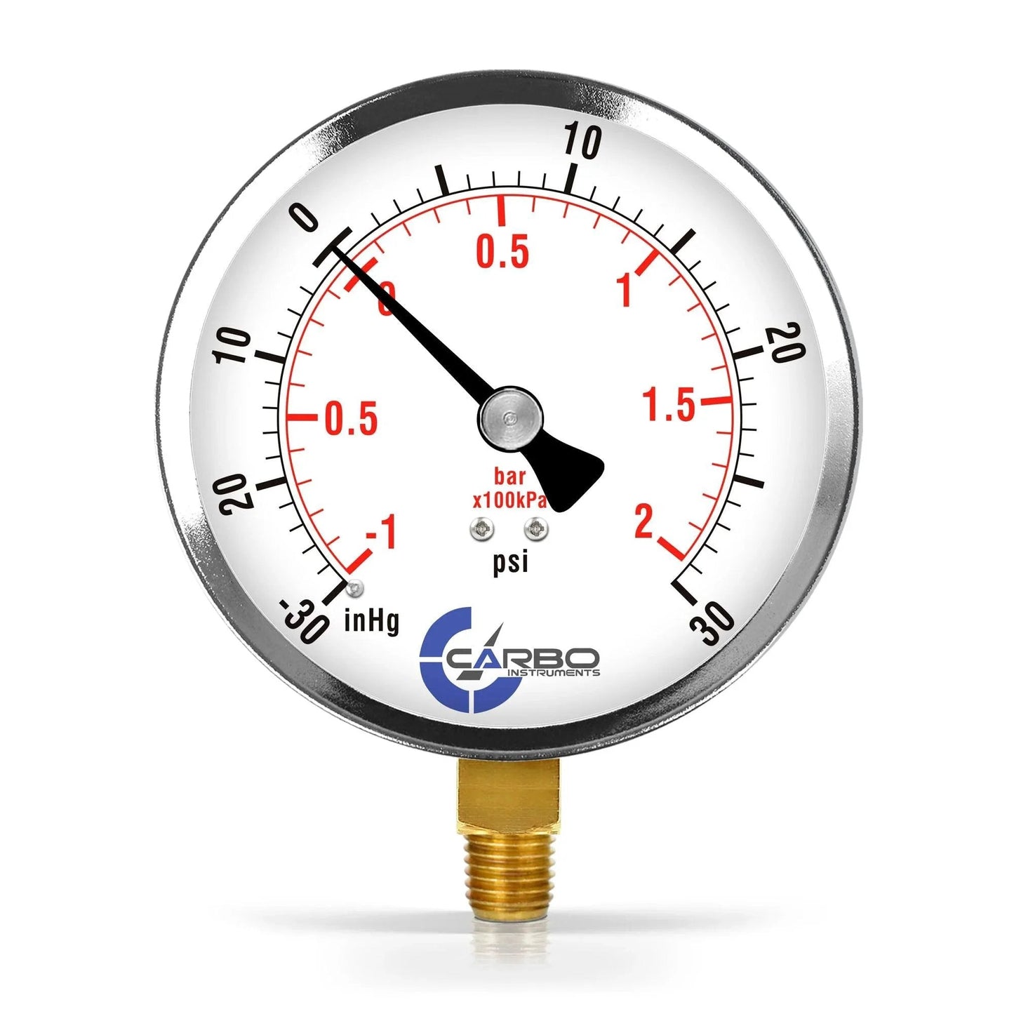 4 Inch Chrome Plated Steel Case Dry Vacuum Pressure Gauge With Lower Mount One Quarter Inch NPT Minus 30 InHg To 30 Psi Dual Scale InHg And Bar With KPa Guidance ASME B40.1 Grade B Accuracy For Oil Water Air Hydraulic HVAC Gases And Liquids
