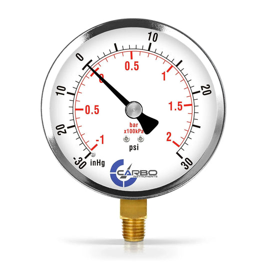 4 Inch Chrome Plated Steel Case Dry Vacuum Pressure Gauge With Lower Mount One Quarter Inch NPT Minus 30 InHg To 30 Psi Dual Scale InHg And Bar With KPa Guidance ASME B40.1 Grade B Accuracy For Oil Water Air Hydraulic HVAC Gases And Liquids