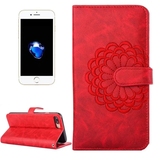 Red floral embossed leather phone case with stand function, compatible with iPhone model shown in image, closed and open views.