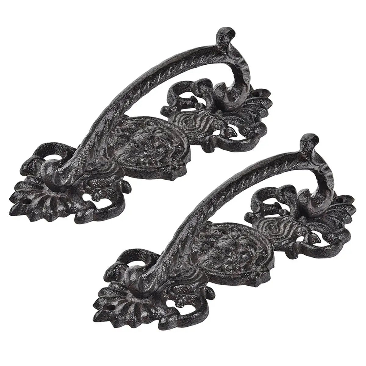 Solid Cast Iron Gate Handles Set 2 Pack Heavy Duty 8.7 Inch Long Barn Door Pulls for fence gates and cabinets, rustic farmhouse decor.