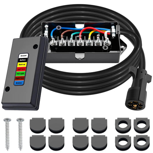 7 Way Trailer Wiring Harness Kit With 8 Ft Cord And Junction Box Premium 7 Pin Trailer Plug For RVs And Trailers Weatherproof Heavy Duty Wiring for lights and brakes, showing junction box and wiring.