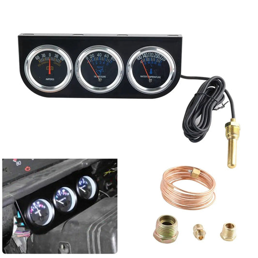 Triple Gauge Kit 2 Inch Chrome Mechanical 3 In 1 Amp Meter Oil Pressure Gauge And Water Temperature Gauge for Cars and Boats shown with sensor and install view
