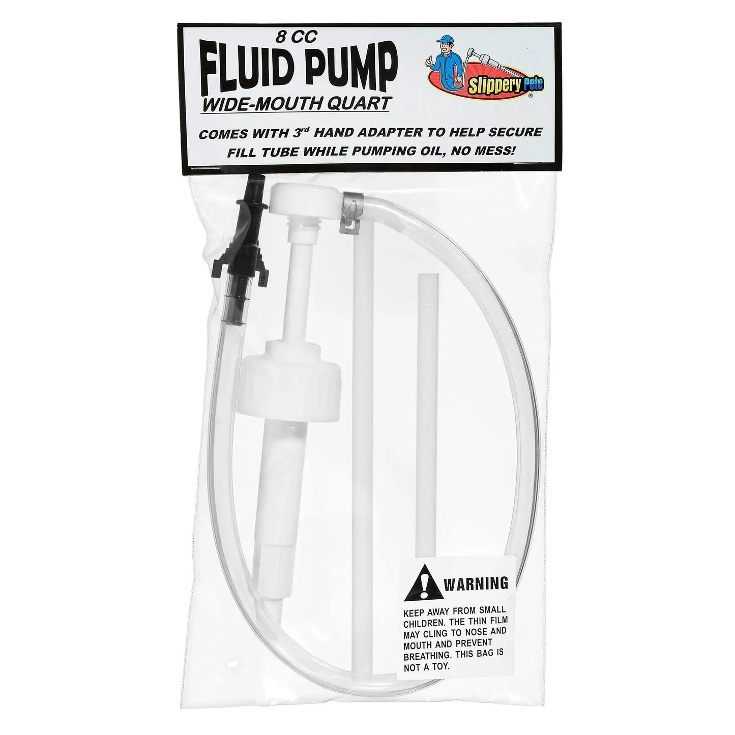 Wide Mouth Fluid Pump With 38mm Cap 8cc Stroke 17in Tube And 3rd Hand Adapter in packaging, showing pump components.