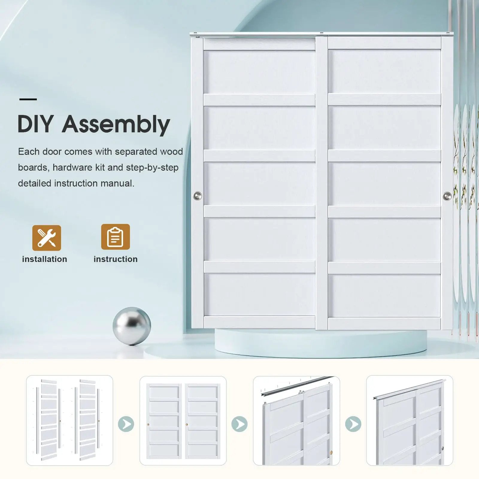 Sliding Closet Door 72x80 Inches, 5-Panel Bypass Barn Doors With Hardware Track Kit, White Finish, DIY assembly guide
