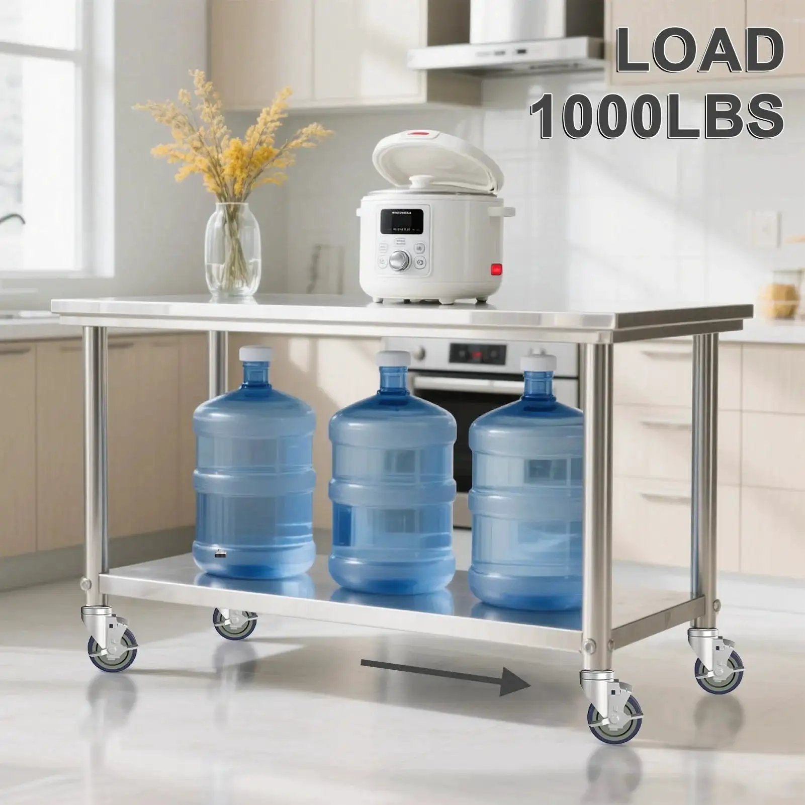 5 Inch Expanding Stem Caster Set Of 4 With Brakes For Table Legs, supporting a heavy-duty kitchen table with water jugs