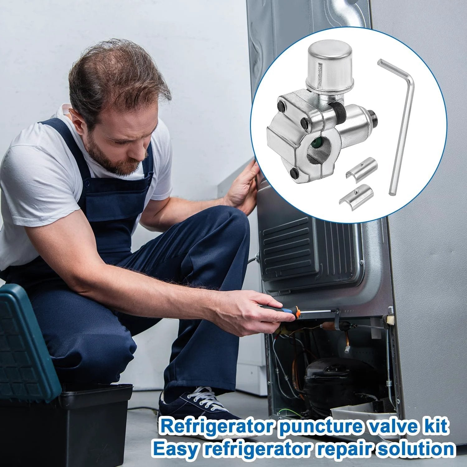 Image of a service technician using a Piercing Valve Kit for Refrigerator Lines With Two BPV 31 Valves Two Hex Keys And Four Adapters In Zinc Alloy For One Quarter Inch Five Sixteenth Inch And Three Eighth Inch Outer Diameter Pipes Replacement TJ90BPV31 AP4502525 GPV14 on a refrigerator.