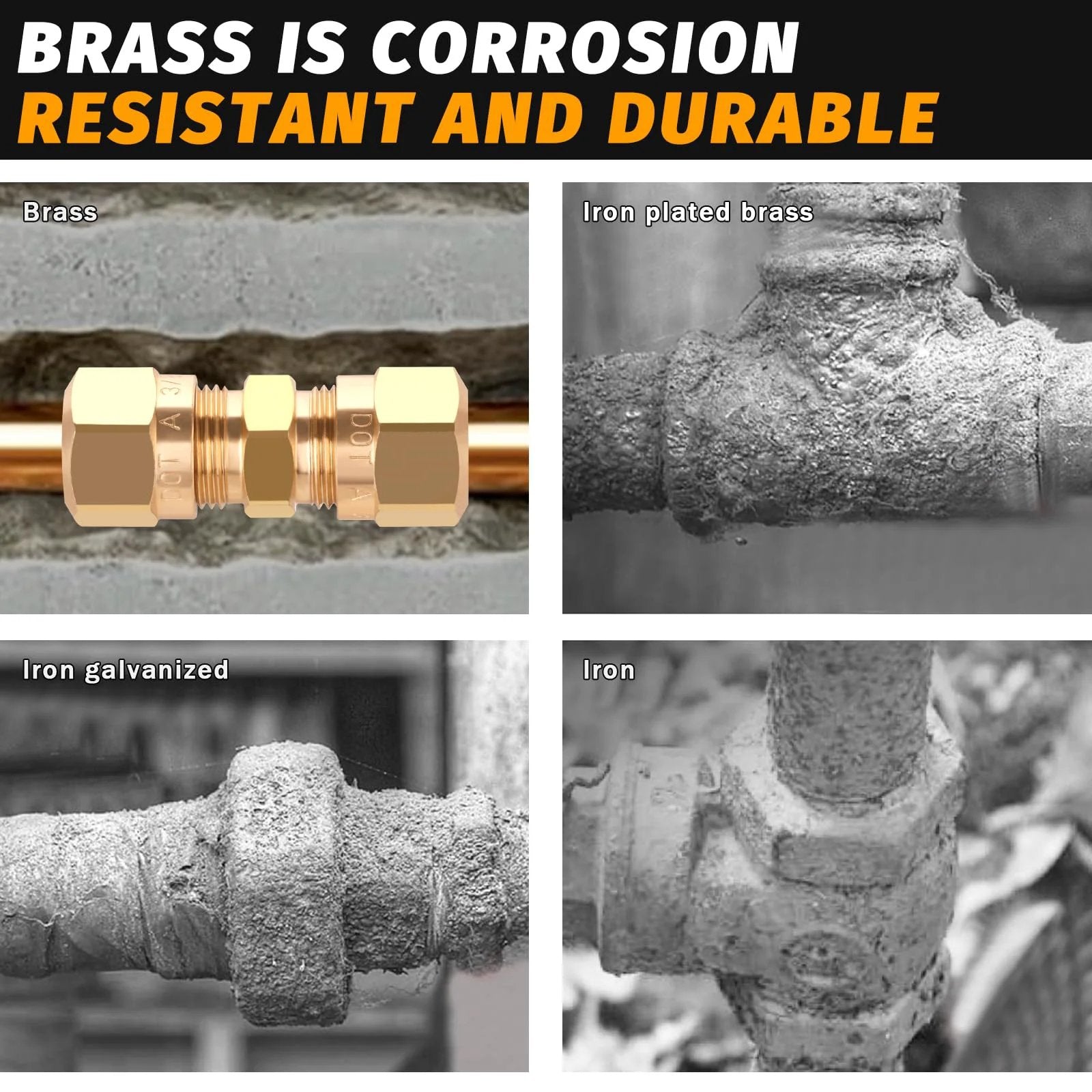 Pro Grade DOT Brass Compression Straight Union Fittings For 3 Eighths Inch Nylon Tubing Air Lines Pack Of Four; brass fitting vs corroded iron