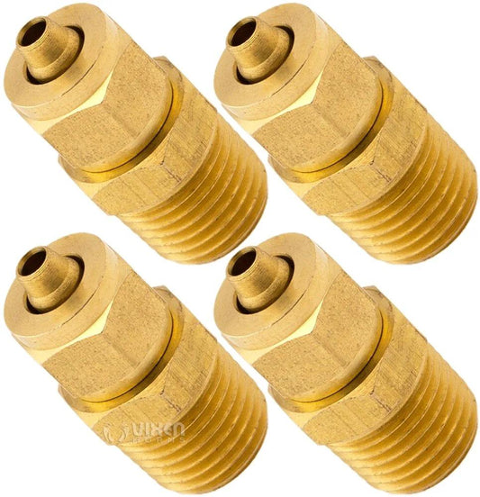 Train Horn Fittings Bundle Four Pack From Vixen Horns One Quarter Inch NPT Male Compression Fitting For Three Eighths Inch Outside Diameter Hoses That Work With Up To 350 PSI Air Tanks No Fuss Install, shown in brass.