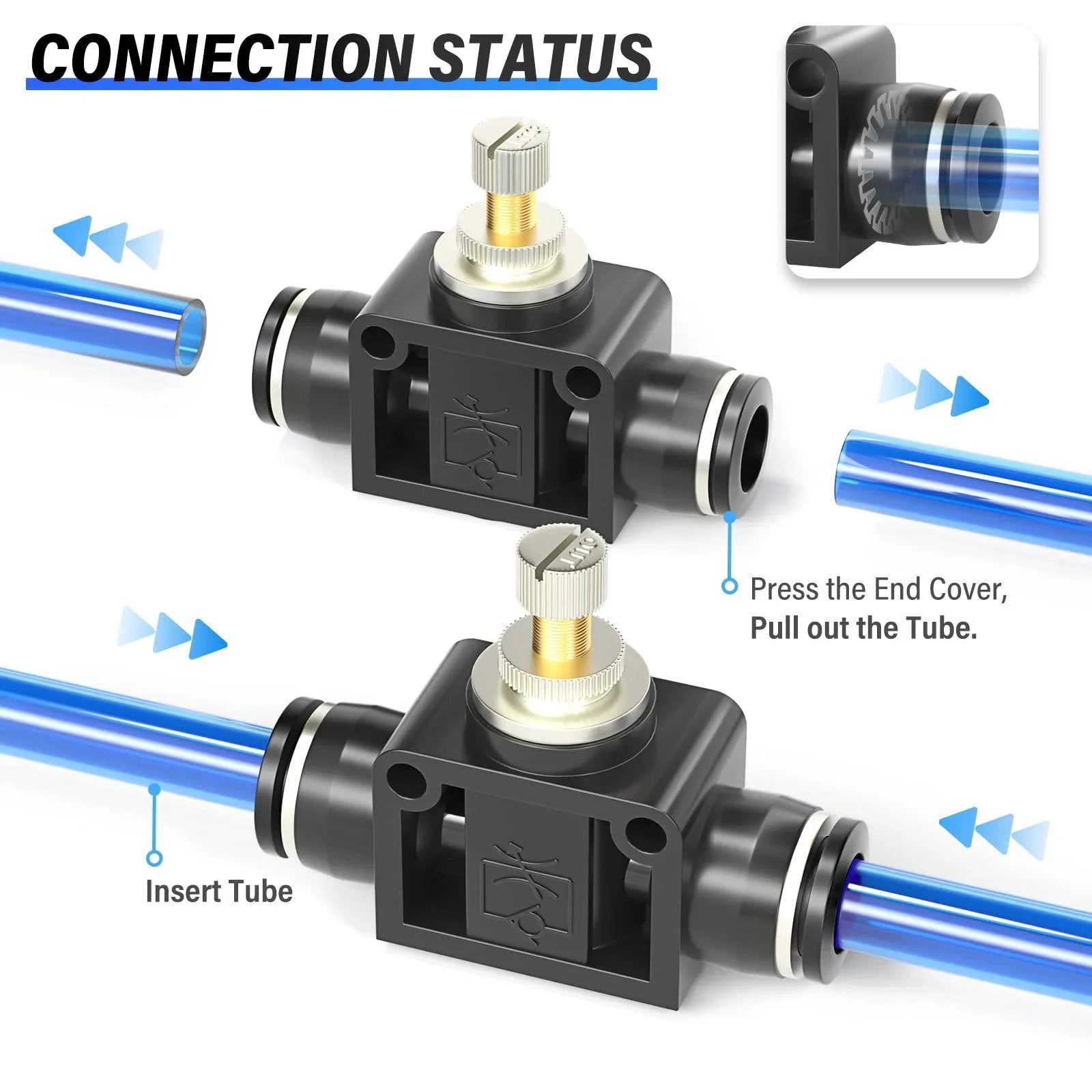 Air Flow Control Valve For Pneumatic Systems With Push To Connect Fitting Inline Speed Controller One Quarter Inch Tube OD To One Quarter Inch Tube OD Black Made Of Plastic And Copper Ideal For Low Speed Cylinders Zero To One Hundred Forty Five PSI Pack