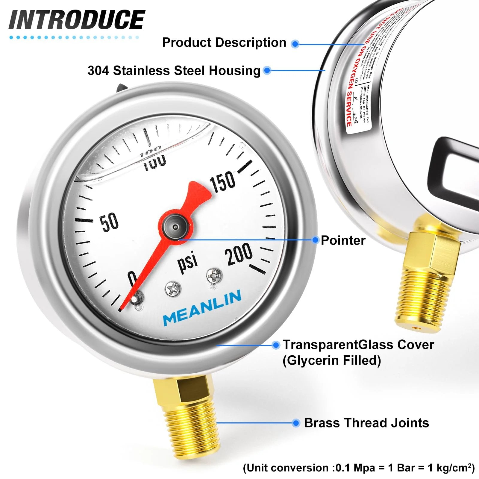 Stainless Steel Liquid Filled Pressure Gauge 0 To 200 Psi One Point Five Inch Dial One Eighth NPT Lower Mount Glycerin Filled For Water Oil Air Systems